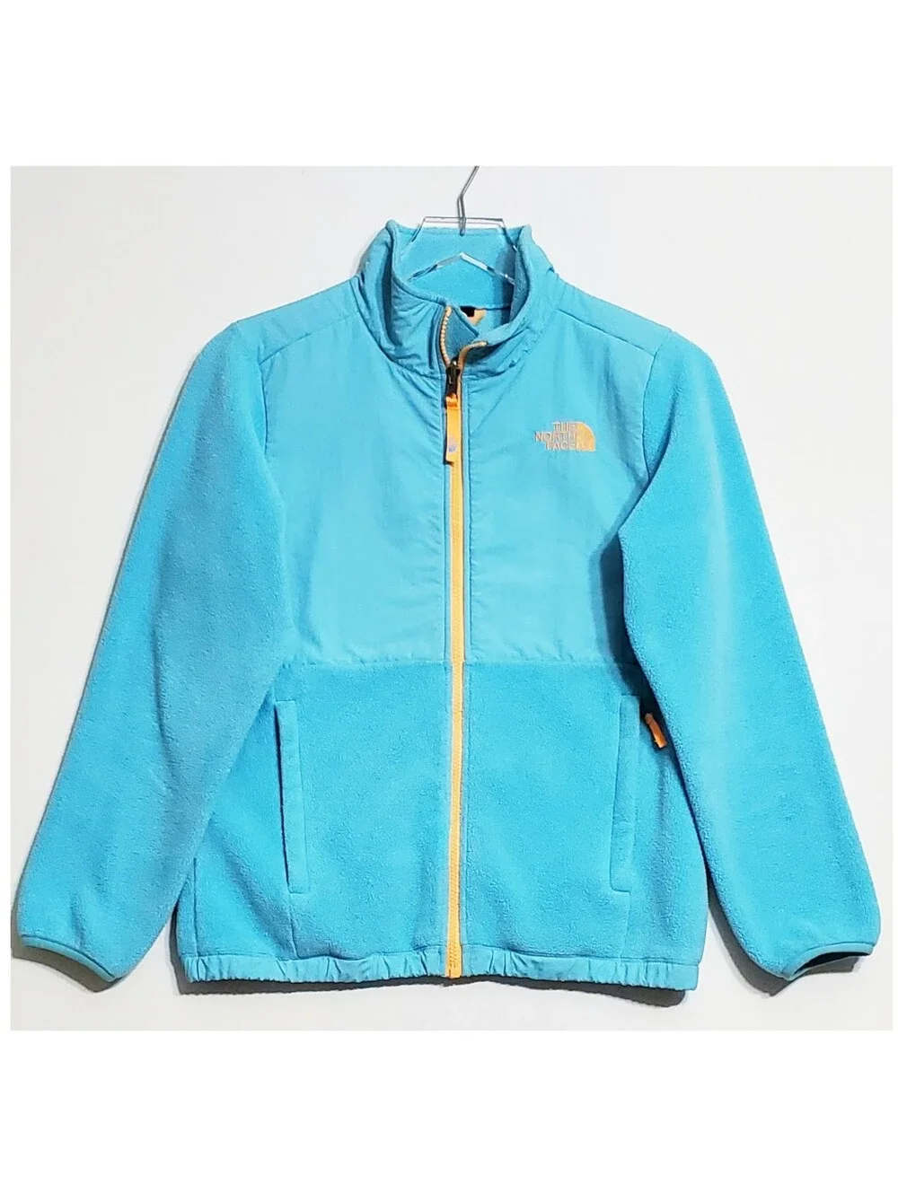 The North Face Denali girl Large 14-16 zip up fleece jacket blue pockets logo